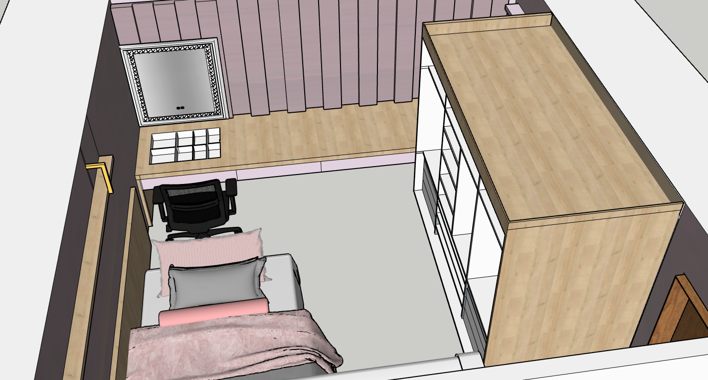 Projeto 3D de quarto planejado feito no SketchUp